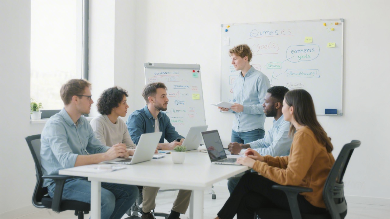 Small business team collaborating in a bright meeting room with laptops, whiteboard notes about ecommerce goals, casual professional attire and focused expressions.
