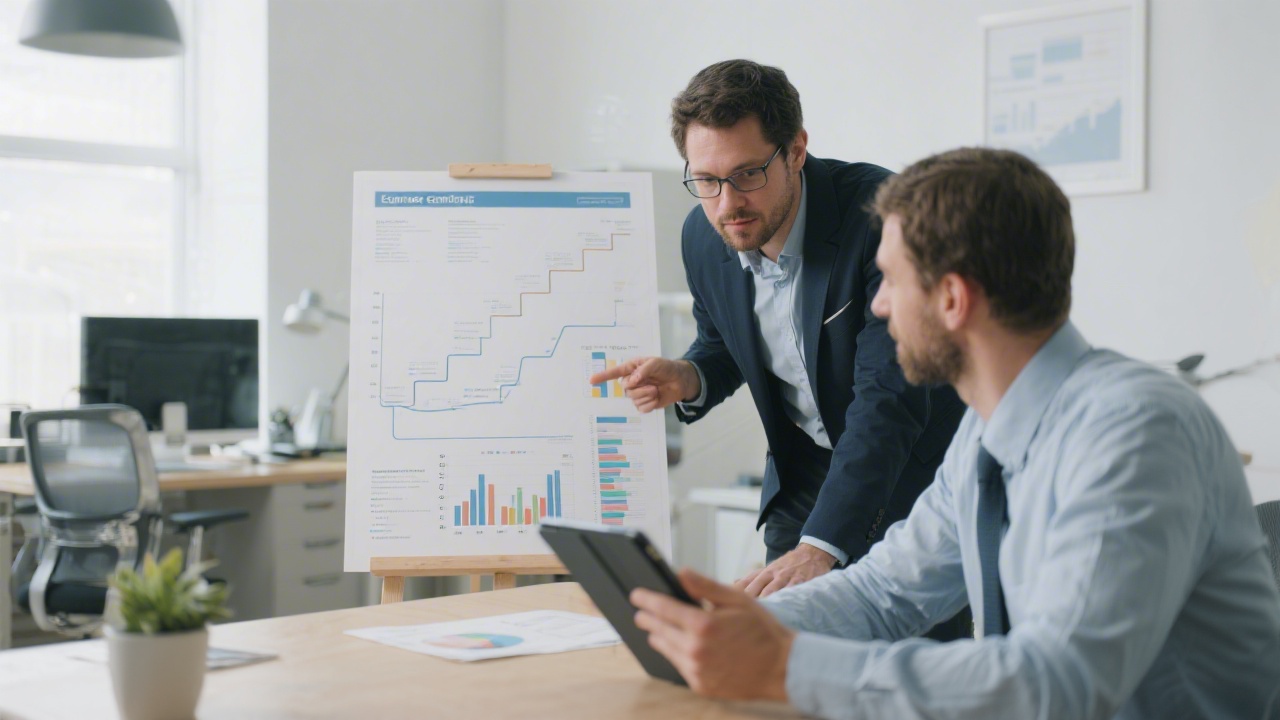 Consultants discussing ecommerce roadmap with a client using printed charts and a tablet, highlighting a structured and data-driven approach in a calm office.