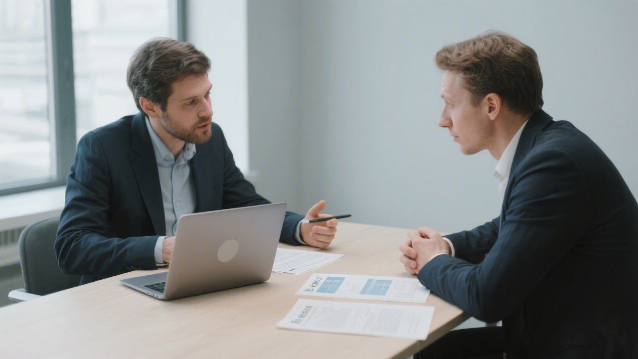 Two professionals discussing project requirements over a table with a laptop and printed briefs, showing a calm and helpful consultation process.