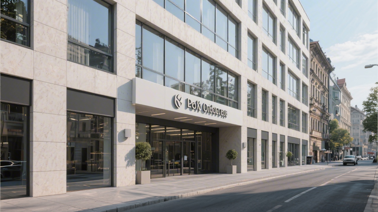 Front view of a modern Prague office building with clear signage, clean facade and street perspective, representing a professional business location.