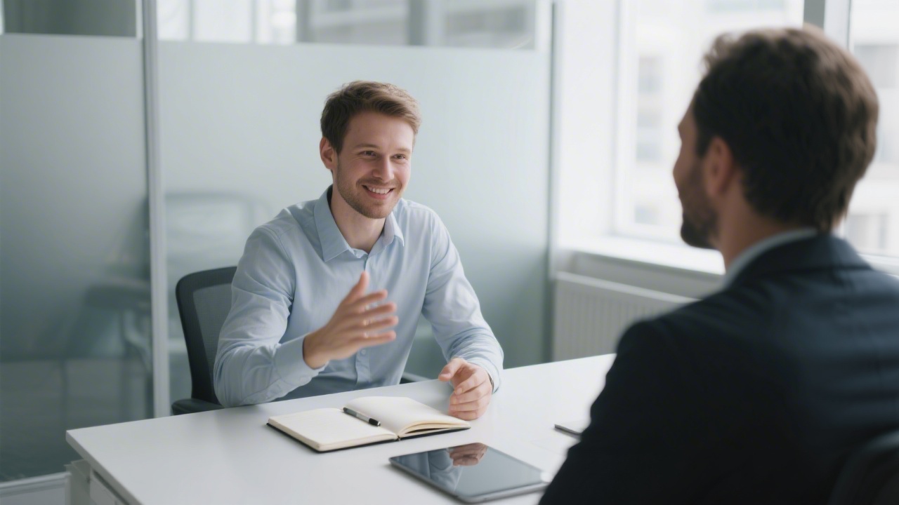 Business consultant speaking with client in a modern office, notebook and tablet on table, friendly professional setting with natural light.