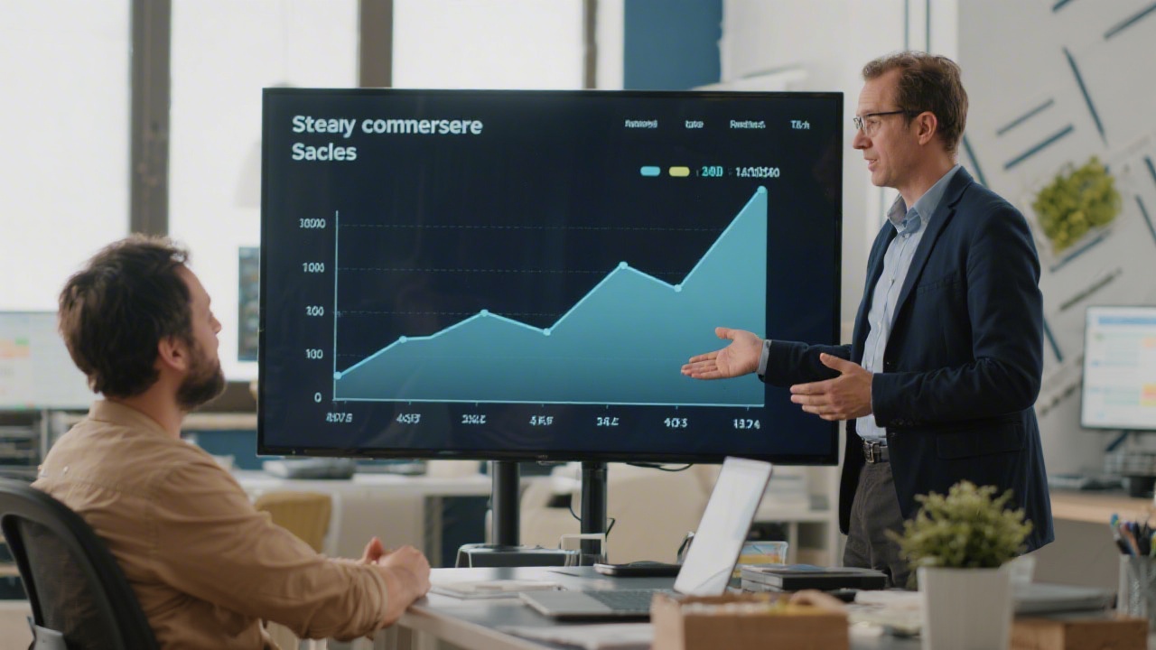 Graph showing steady ecommerce sales growth on a screen, with a consultant explaining data trends to a small business owner in a professional setting.