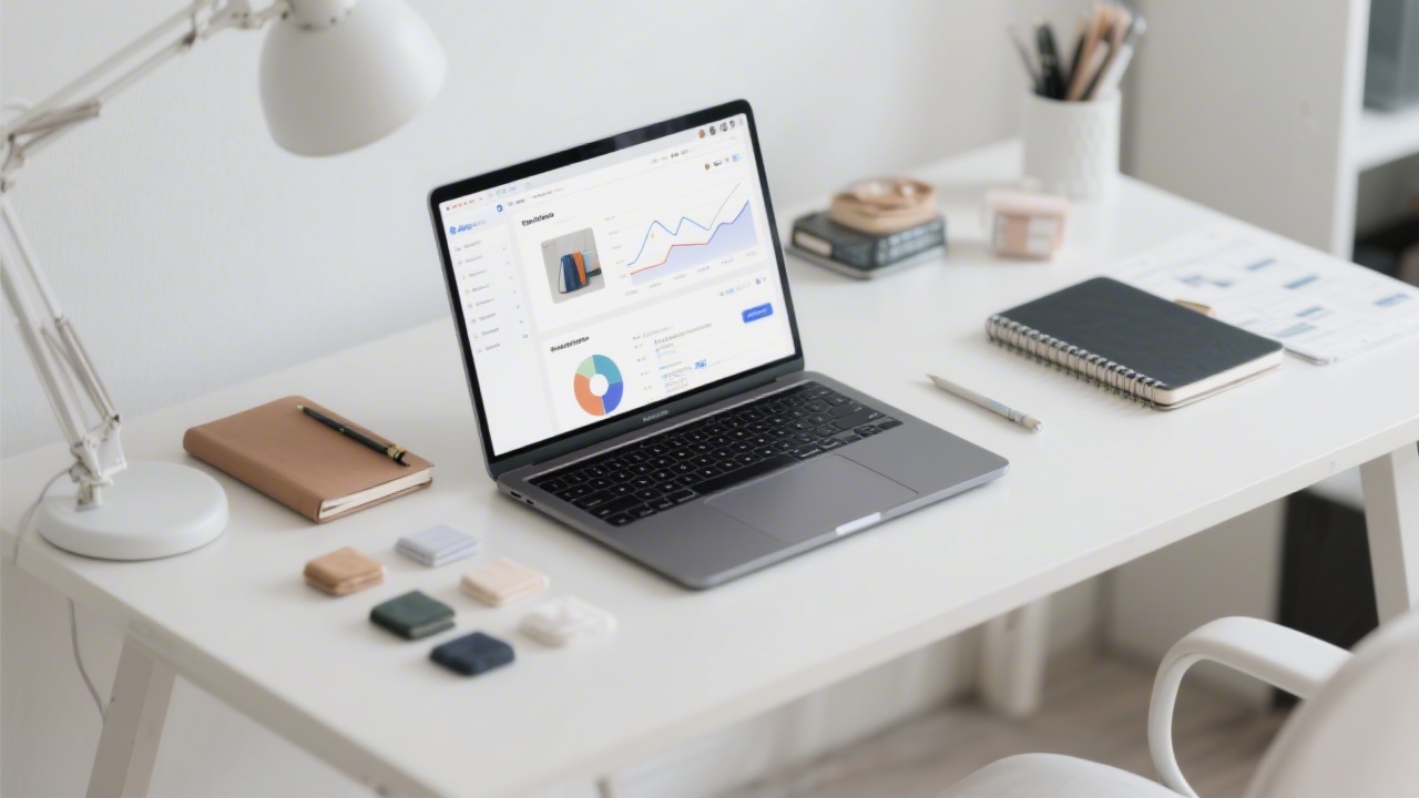 Modern ecommerce workspace with laptop showing online shop analytics, notebooks, and product samples on a clean desk, light background, business-focused atmosphere.