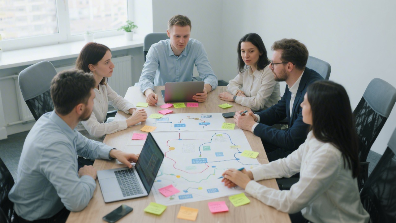 Team planning ecommerce strategy on large table with printed customer journey maps, sticky notes, and laptops, calm and professional business environment.